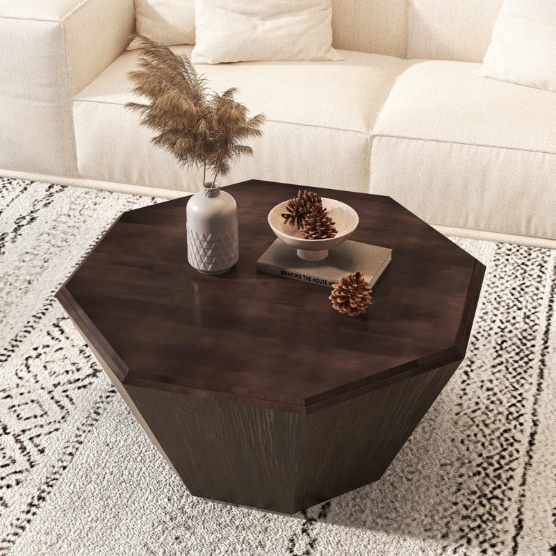 Octagonal Coffee Table with Pedestal Base in Dark Walnut Finish