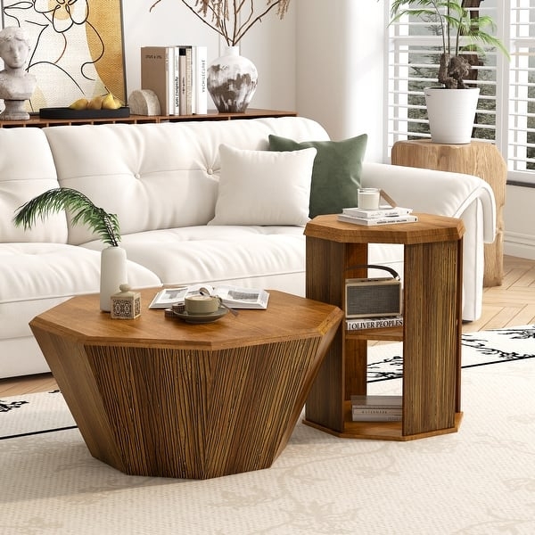 Octagonal Nesting Coffee Table Set with Wood Tops and Metal Frames