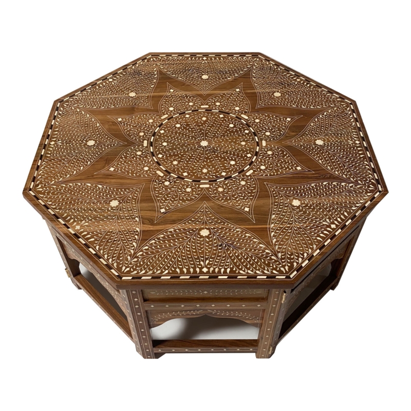 Octagonal Pedestal Coffee Table with Black and White Floral Inlay
