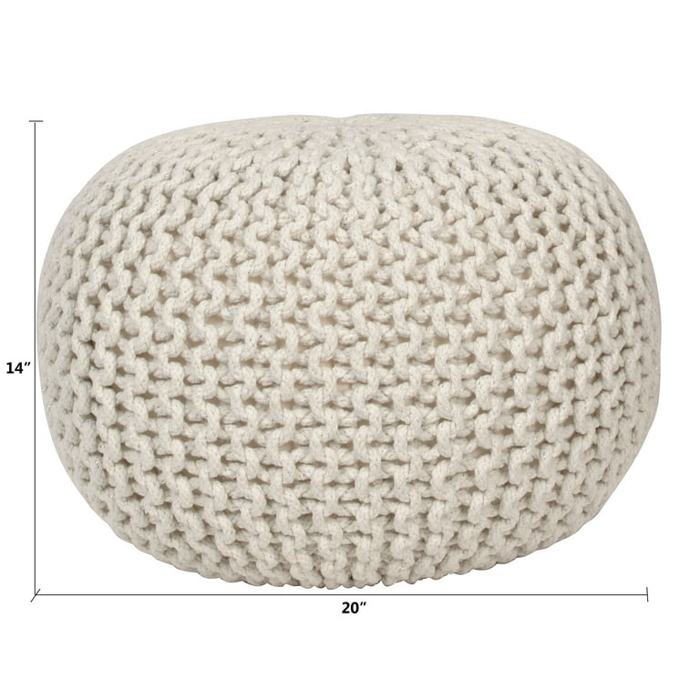 Off-White Chunky Knit Pouf Round Bohemian Ottoman Textured Footstool