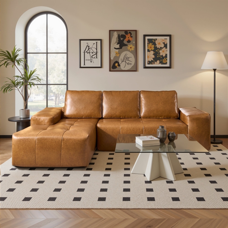 Off-White Faux Leather Sectional Sofa Cloud Style Deep Seated Modular