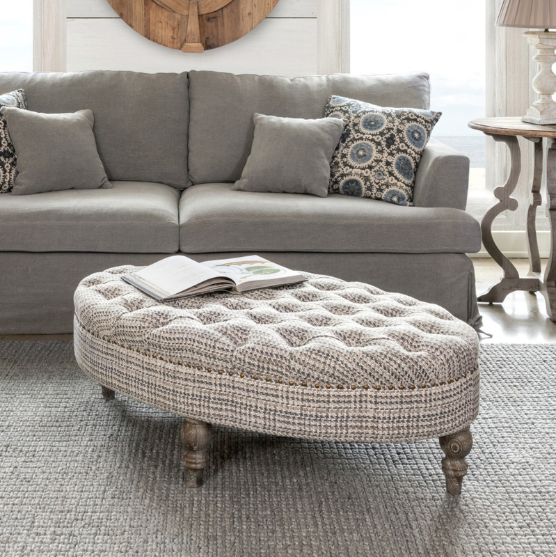 Off-White Oval Ottoman Diamond Tufted with Caster Wheels