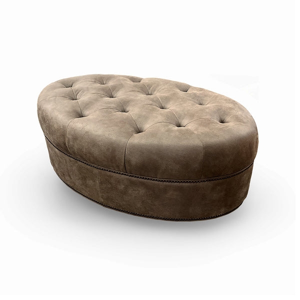 Off-White Oval Ottoman Low Profile with Piping Detail