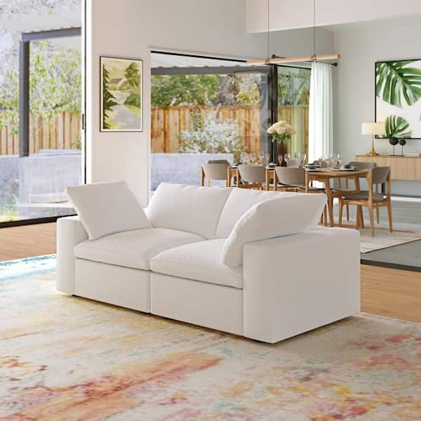 Off White Sofa Linen Look Tapered Wood Legs Square Arms