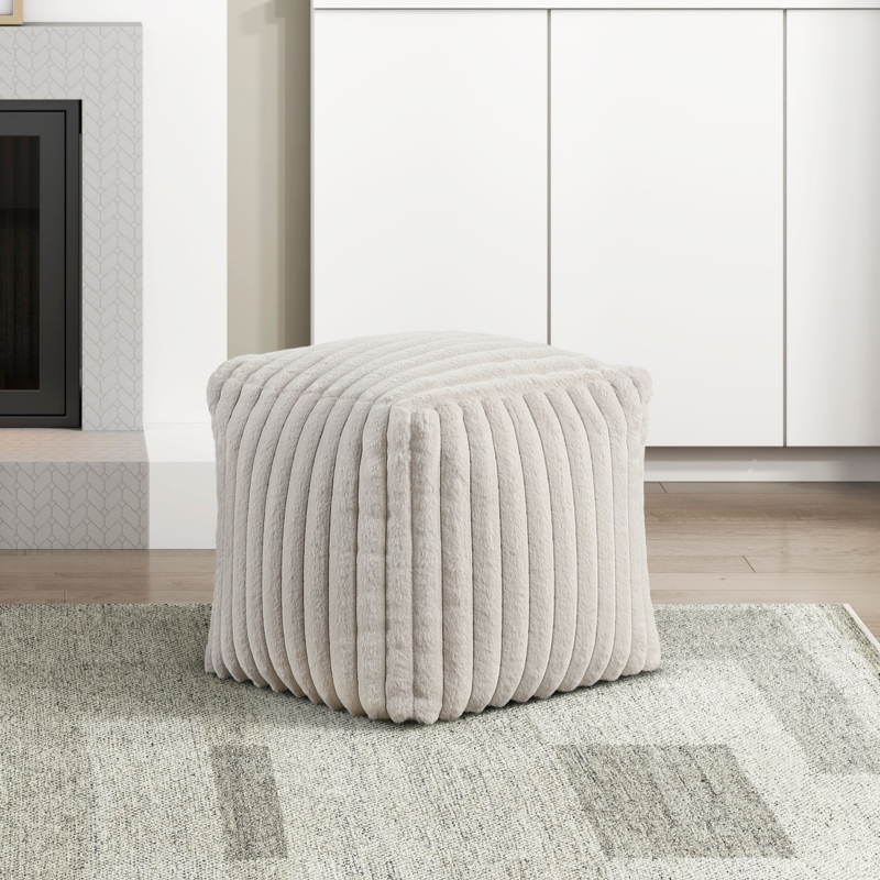 Off-White Square Pouf Plush Corduroy Texture Modern Ottoman Seating
