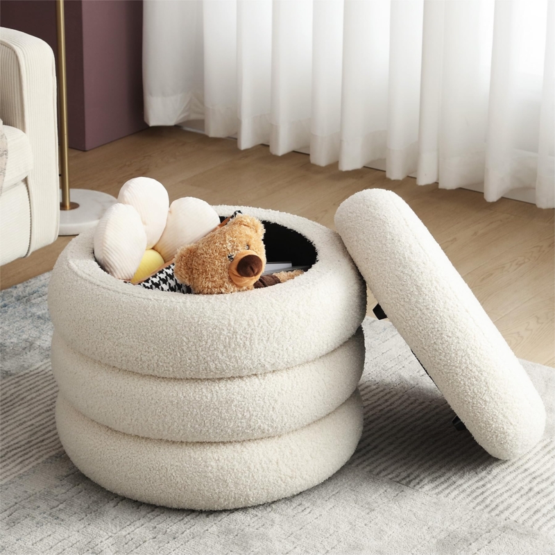 Off-White Storage Ottoman Boucle with Removable Lid Tufted Top Round