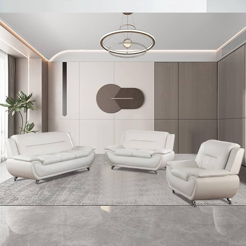 Off-White Vegan Leather Living Room Set with Tapered Metal Legs