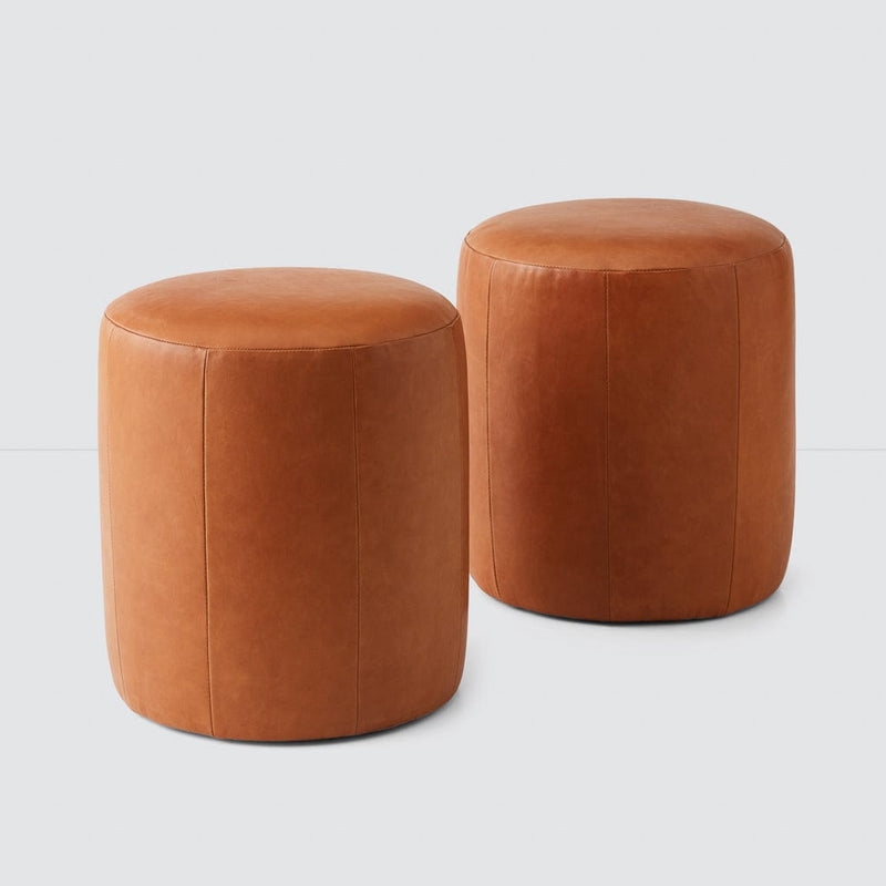 Olive Green Leather-Like Round Ottoman Set, Low Profile Poufs