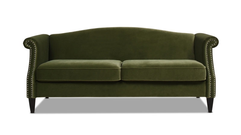 Olive Green Velvet Camel Back Sofa with Metallic Casters & Bench Seat