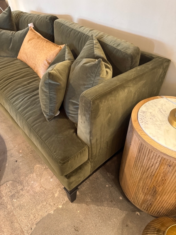 Olive Green Velvet Curved Sofa with Bolster Pillows