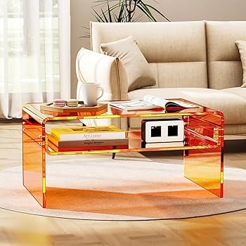Orange Acrylic Coffee Table with Integrated Shelf Decor