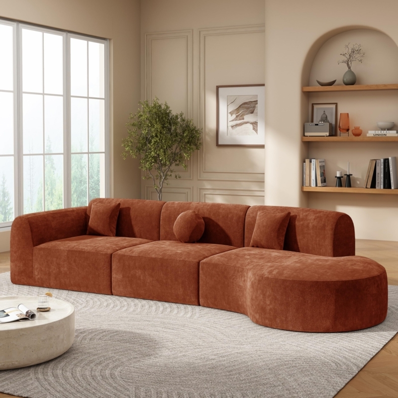 Orange Boucle Curved Sectional Sofa, Organic Modular Design