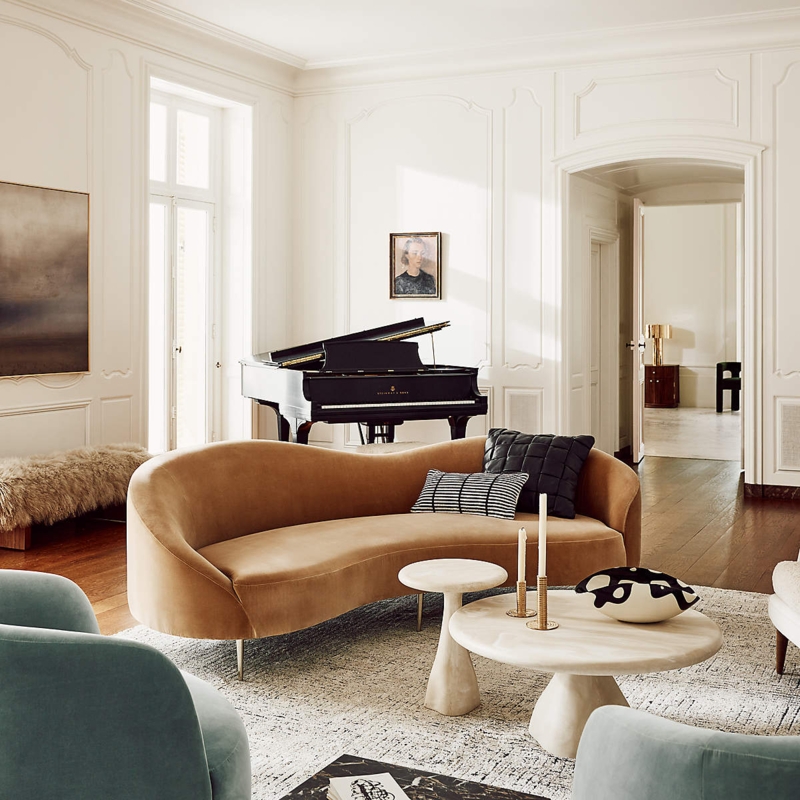 Organic Curved Sofa in Camel Velvet Finish for Minimalist Living Rooms