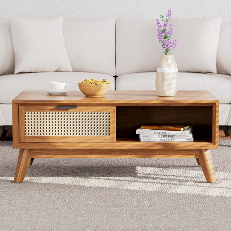 Organic Rattan Coffee Table Accent. Dark Wood, Woven Drawer, Open Cubby.