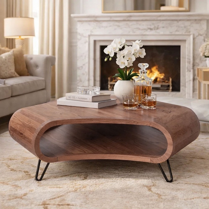Organic Wood Hexagonal Coffee Table, Curved Edges with Open Storage Shelf