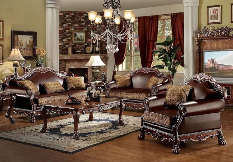 Ornate Carved Wood Sofa Set Cherry Oak Finish Cream Button Tufted Victorian
