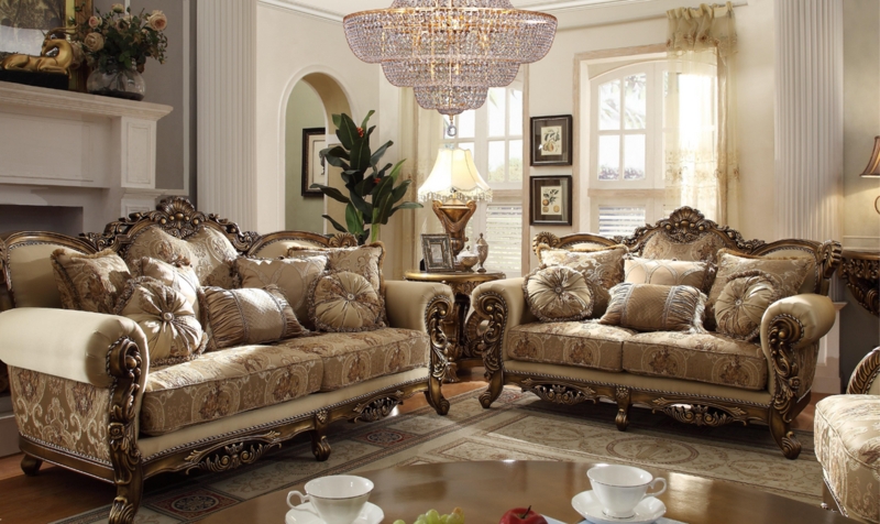 Ornate Hand Carved Sofa Set Brown Leather Like Button Tufted Rococo