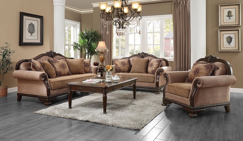Ornate Traditional Sofa Carved Wood Espresso Damask Tufted