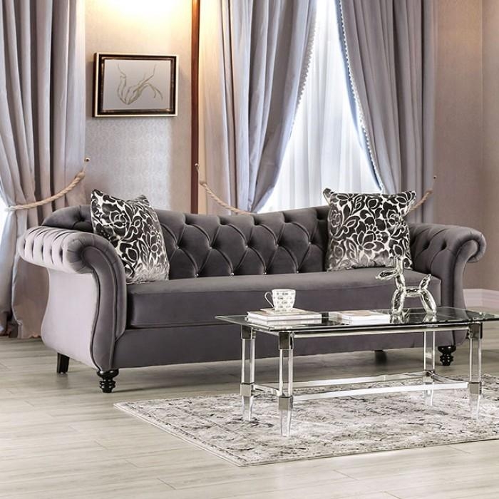Ornate Traditional Sofa Gray Velvet Silver Carved Frame Scrollwork