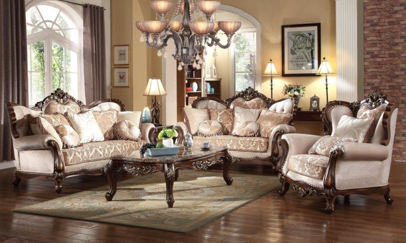 Ornate Victorian Living Room Set Beige Chenille Gold Carved Frame