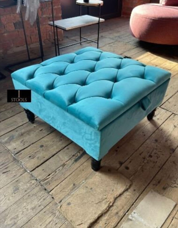Ottoman Aqua Velvet Deep Diamond Tufting Square Chesterfield