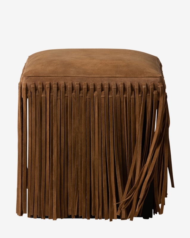 Ottoman Arched Cutout Wood Base Tan Fabric Round Transitional Footstool