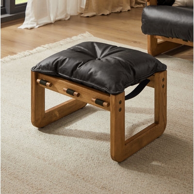 Ottoman Ash Wood Base Charcoal Leather Top Support