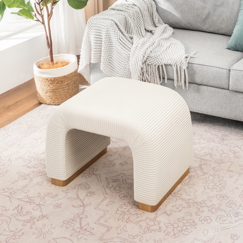 Ottoman Bench Arched Base Pleated Sides Cream Upholstery