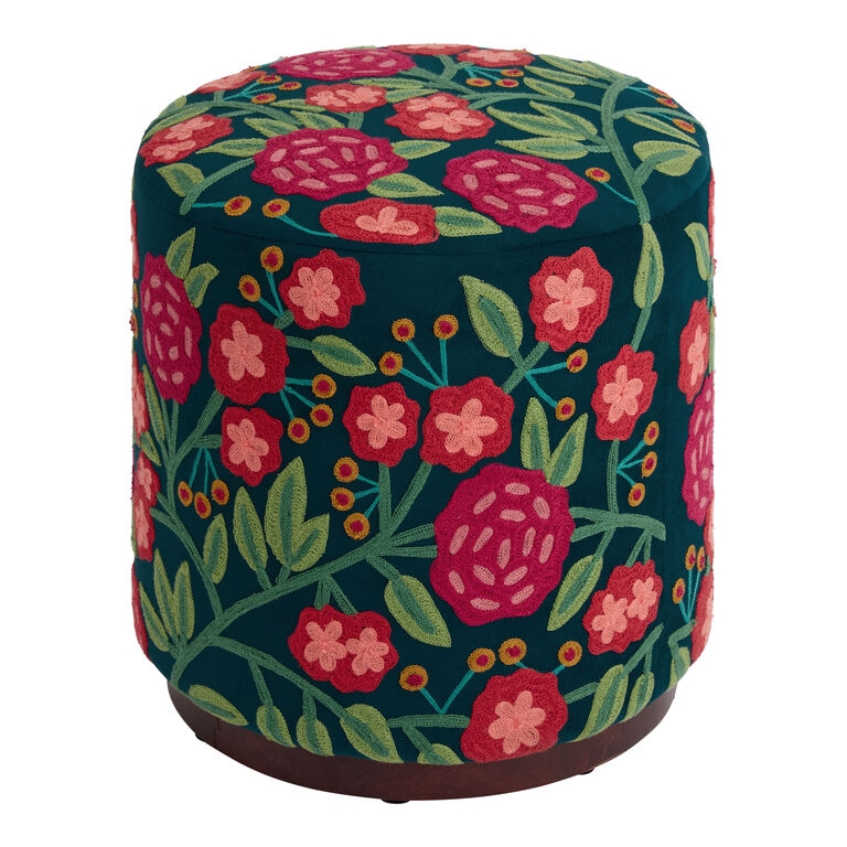 Ottoman Bird Embroidery Forest Green Velvet Gold Capped Legs Accent