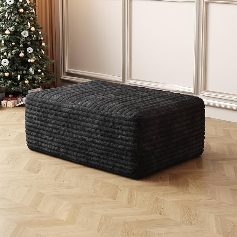 Ottoman Black Wide-Wale Corduroy Square Low Profile Piped Edges