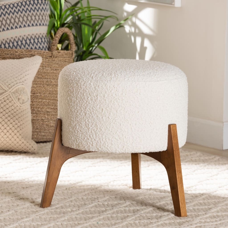 Ottoman, Boucle Texture Cream Fabric, Walnut Brown X Base, Japandi Style