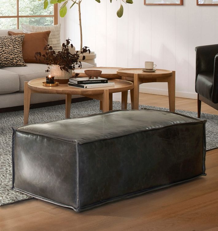 Ottoman Bourbon Leather Waterfall Edge Low Profile Modern Coffee Table