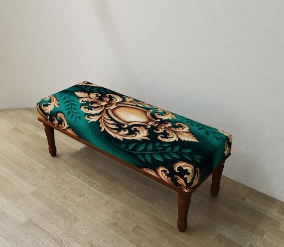 Ottoman Button Tufted Velvet Gold X-Frame Base Luxe Bench