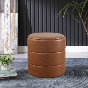 Ottoman Caramel Channel Tufted Round, Versatile Leather-Look Accent Seating