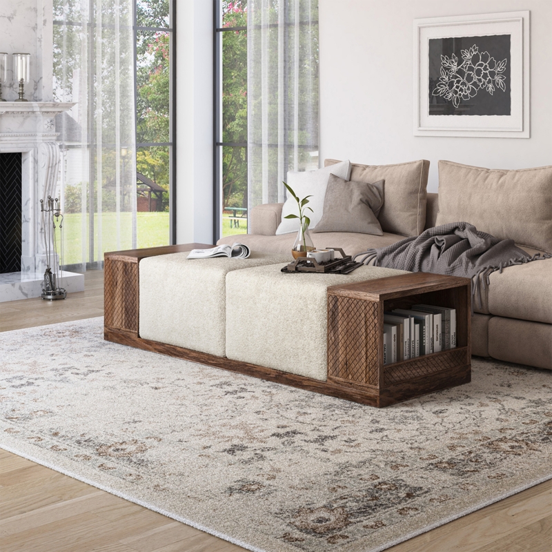 Ottoman Coffee Table Large Tufted Cognac Slatted Shelf Rustic Wood