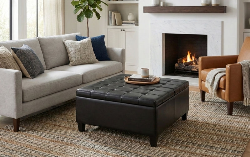 Ottoman Coffee Table Navy Blue Button Tufted Rectangular Large
