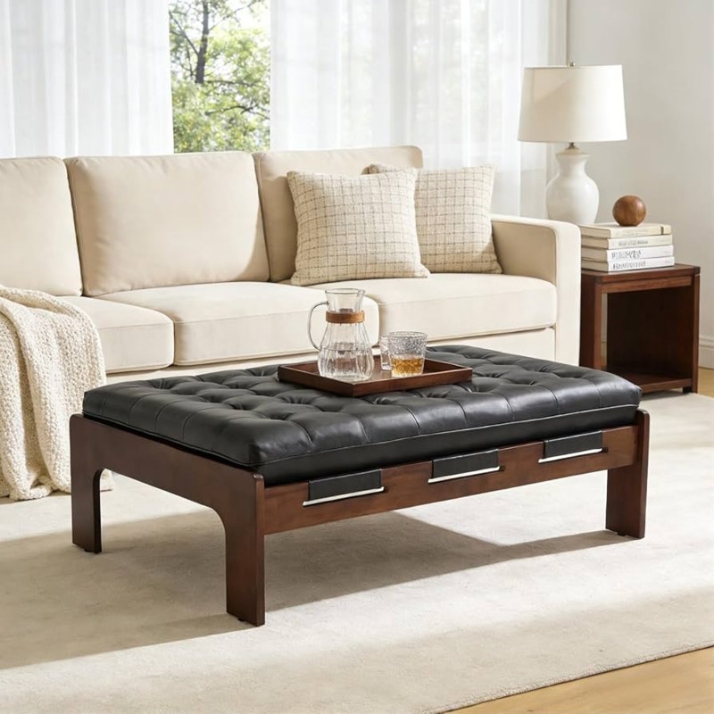 Ottoman Coffee Table Rectangular Oversized Black Deep Button Tufted