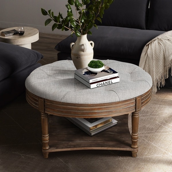 Ottoman Coffee Table Two Tier Storage Light Gray Round Modern Farmhouse