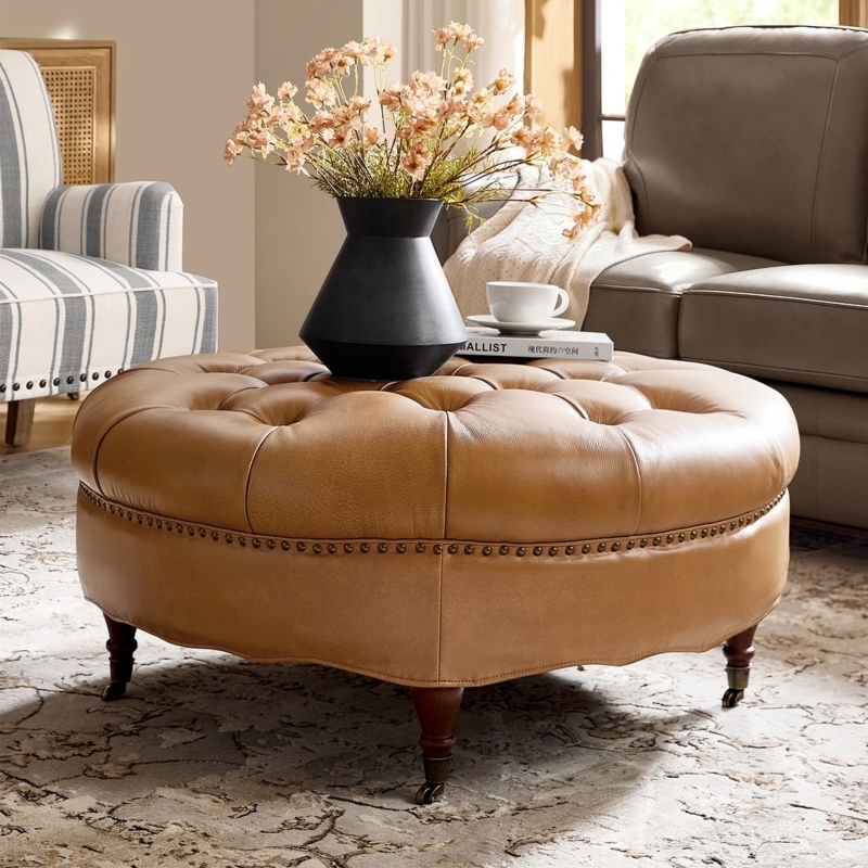 Ottoman Cognac Caster Wheels Tufted Traditional Classic Footstool