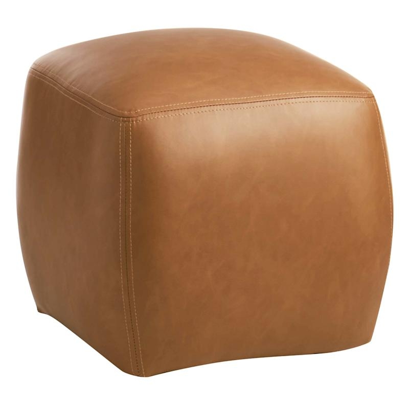 Ottoman Cognac Cylindrical Piped Edges Vertical Seams, Warm Accent Piece