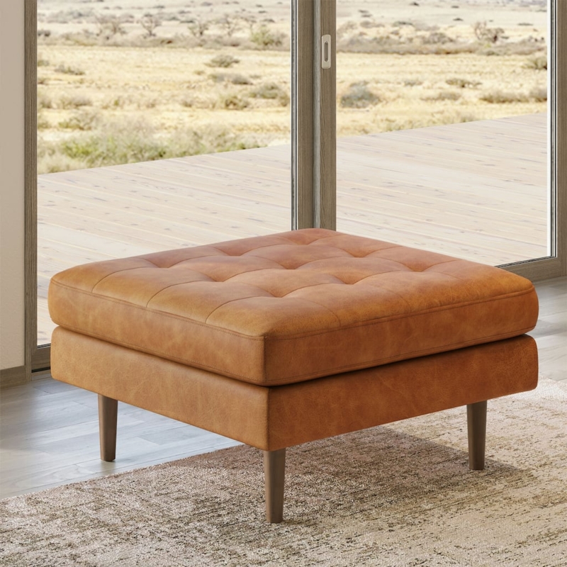 Ottoman Cognac Leather Grid Tufted Tapered Legs Bolster Pillow