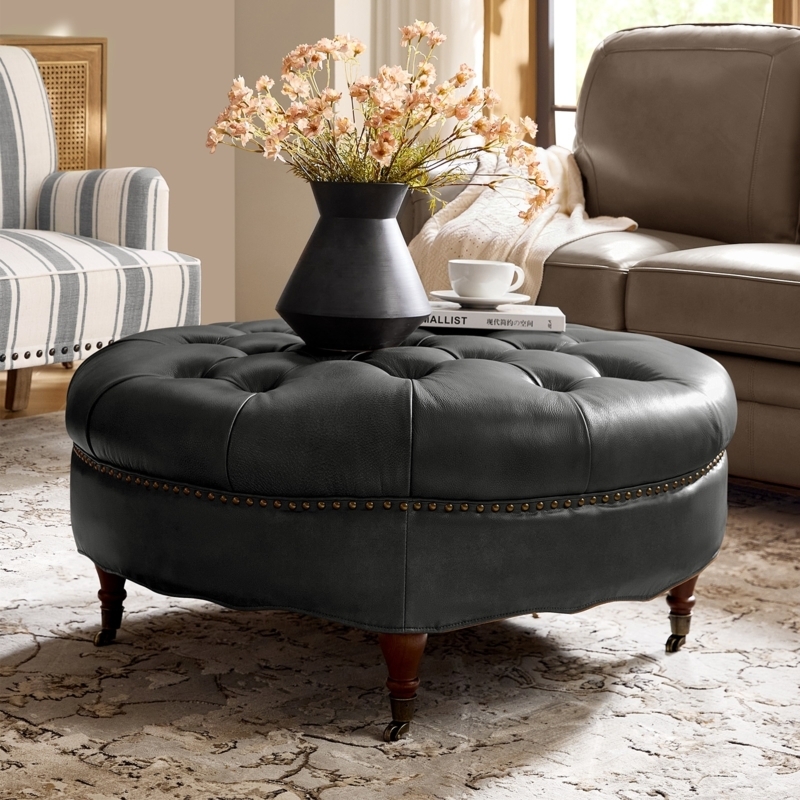 Ottoman Cognac Leather Round Vertical Ribbed Recessed Base