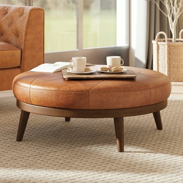 Ottoman Cognac Low Profile Legless Mid-Century Modern Footstool