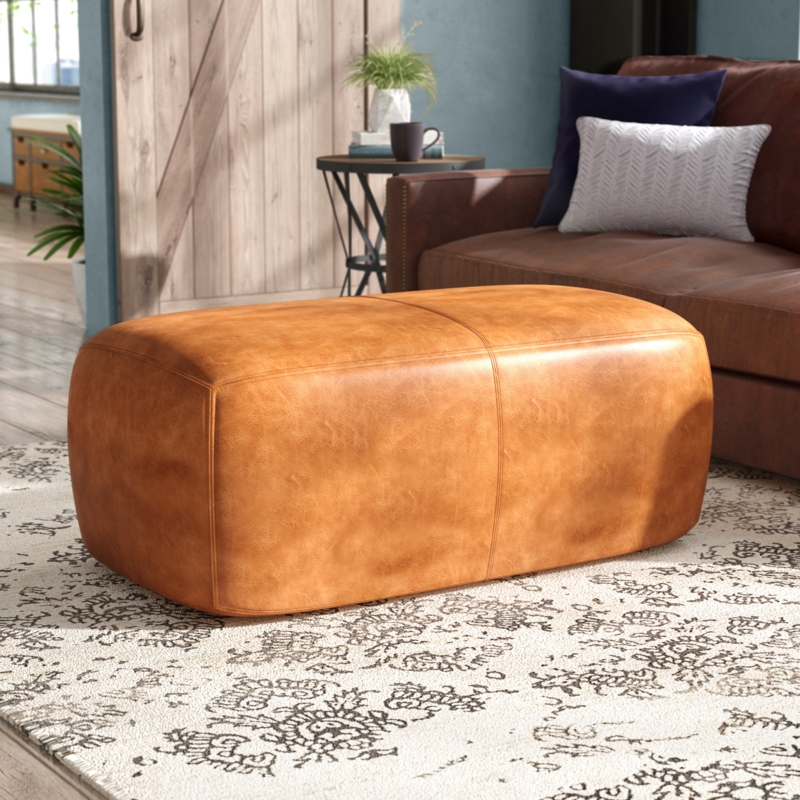 Ottoman Cognac Tan Leather Slim Metal Frame Mid-Century Style
