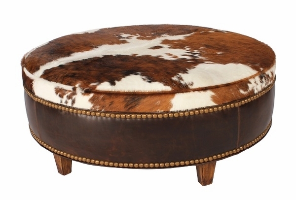 Ottoman Cowhide Pattern Nailhead Trim Round Silhouette