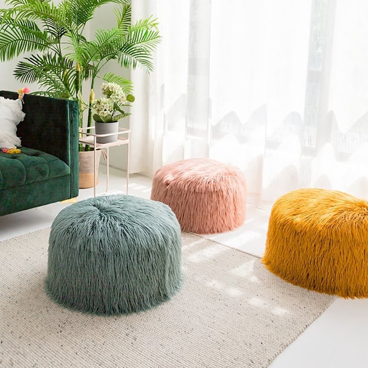 Ottoman Cream Puffy Round Faux Fur Glam Accent Stool