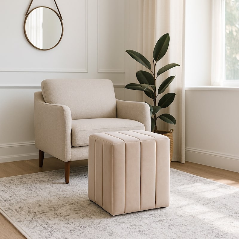Ottoman Cube Fabric Vertical Seams Minimalist Footstool