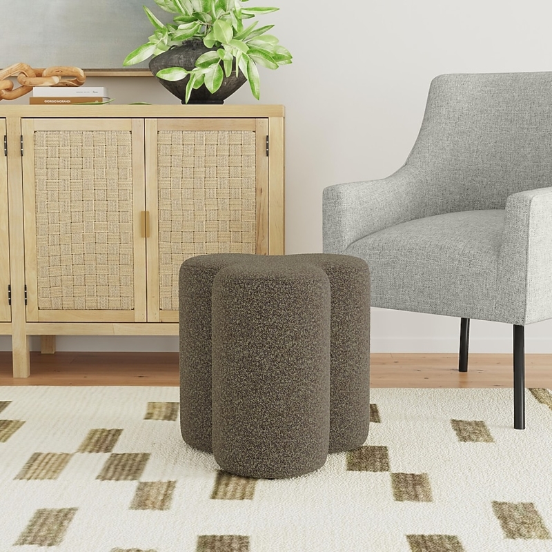 Ottoman Dark Brown Boucle Clover Shaped Sculptural Block Feet