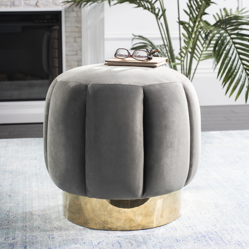 Ottoman Dark Gray Velvet Channel Tufted Gold Plinth Base Round