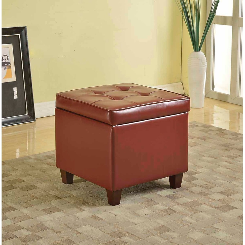 Ottoman Dark Red Leather-Like Button Tufted Square Form